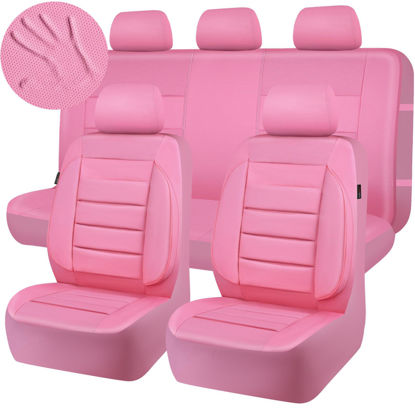 Picture of CAR PASS Pink Leather Seat Covers Full Set Universal Water Resistant 3D Foam Back Support, Luxury Comfort Automotive 5 Seat Covers All Season Fit SUV,Sedan,Van, Airbag Compatible Elegance Pink