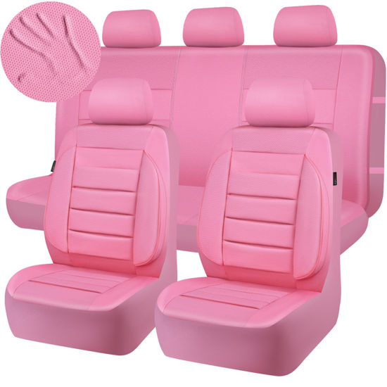 Picture of CAR PASS Pink Leather Seat Covers Full Set Universal Water Resistant 3D Foam Back Support, Luxury Comfort Automotive 5 Seat Covers All Season Fit SUV,Sedan,Van, Airbag Compatible Elegance Pink