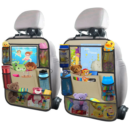 Picture of ULEEKA Car Backseat Organizer with 11" Table Holder, 10 Storage Pockets Seat Back Protectors Kick Mats for Kids Toddlers, Travel Accessories, 2 Pack, Beige