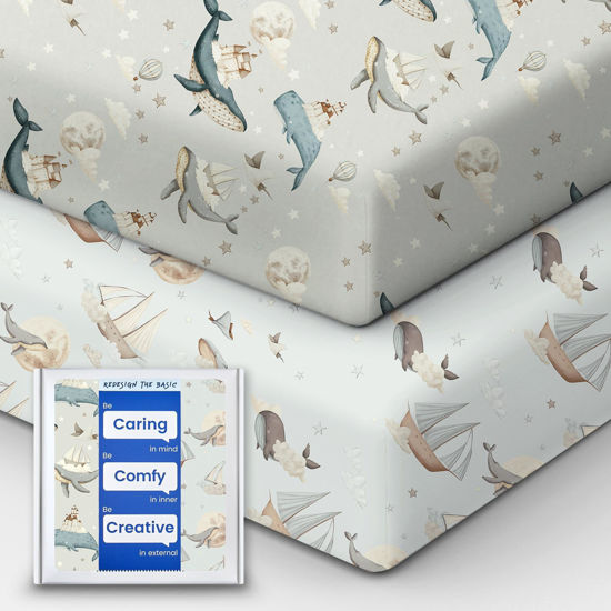 Picture of Premium Fitted Baby Boy Crib Sheets for Standard Crib Mattress - Ultra-Soft Jersey Knit Crib Mattress Sheet, Safe and Snug, Durable, Stylish Crib Sheet, 28''x52''x9'' Extra Deep Pocket (Whale Dreams)