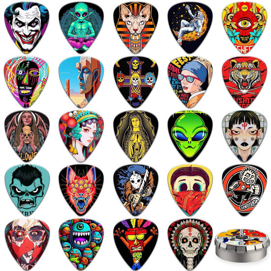 Picture of Guitar Picks 24 Pack Thin,Medium,Heavy/Thick Guitar Picks,Bass Picks Personalized Design,0.46 0.71 0.96 1.20 mm Guitar Pick for Acoustic Guitar,Bass Guitar, Electric Guitarr (Mix 5)