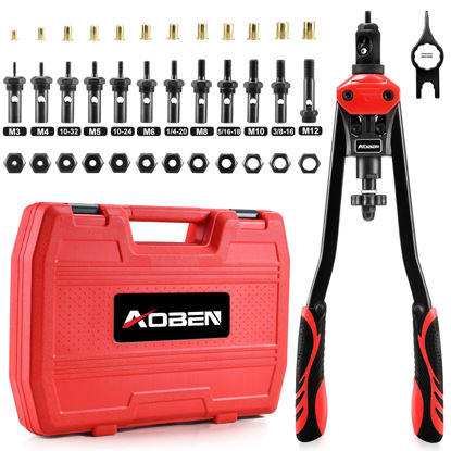 Picture of AOBEN 16" Rivet Nut Tool, Professional Hand Rivet Nut Setter Kit with 12 Interchangeable Metric & SAE Mandrels, 145Pcs Rivnuts and Rugged Carrying Case