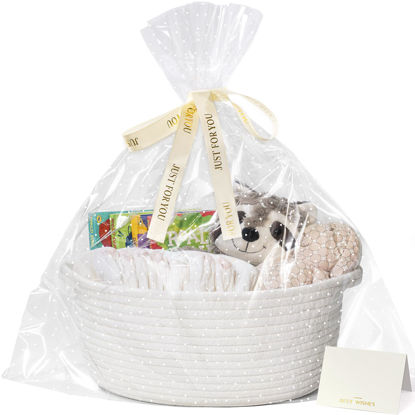 Picture of CHICVITA Small Basket for Gifts, White Empty Gift Basket with Bags & Ribbons Durable Baskets for Valentines Day Rope Storage Baskets, 12"x 8"x 5"