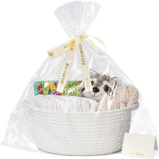 Picture of CHICVITA Small Basket for Gifts, White Empty Gift Basket with Bags & Ribbons Durable Baskets for Valentines Day Rope Storage Baskets, 12"x 8"x 5"