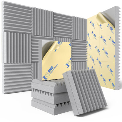 Picture of 12 Pack Sound Proof Foam Panels for Wall with Self Adhesive, 3" X 12" X 12" High Density Acoustic Panels Sound Absorbing Quick-Recovery, Wedges Soundproof Wall Panels for Gaming & Studio Decor - Gray