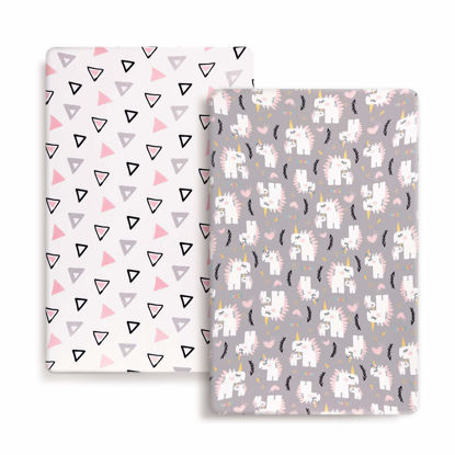 Picture of Stretchy Ultra Soft Jersey Knit Fitted Pack n Play Playard Sheets Set 2 Pack, Fits Portable/Mini Cribs Sheets, Playards Mattress Pads, Pink Simple Triangle/Dream Unicorn for Girls