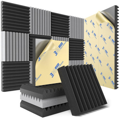 Picture of 12 Pack Sound Proof Foam Panels for Wall with Self Adhesive, 1" X 12" X 12" High Density Acoustic Panels Sound Absorbing Quick-Recovery, Wedges Soundproof Wall Panels for Gaming & Studio - Black-Gray
