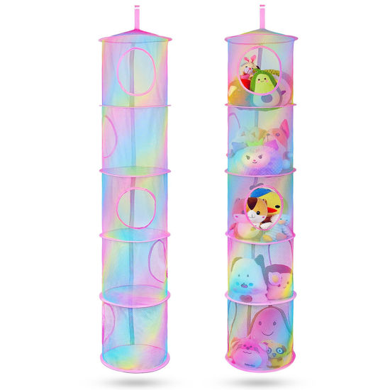 Picture of Basumee Stuffed Animals Net or Hammock 2 Pcs Stuffed Animals Storage Toy Net Hammock for Stuffed Animals Organizer Mesh Hammock Kids Girls Room Decor, Rainbow, 5 Tiers
