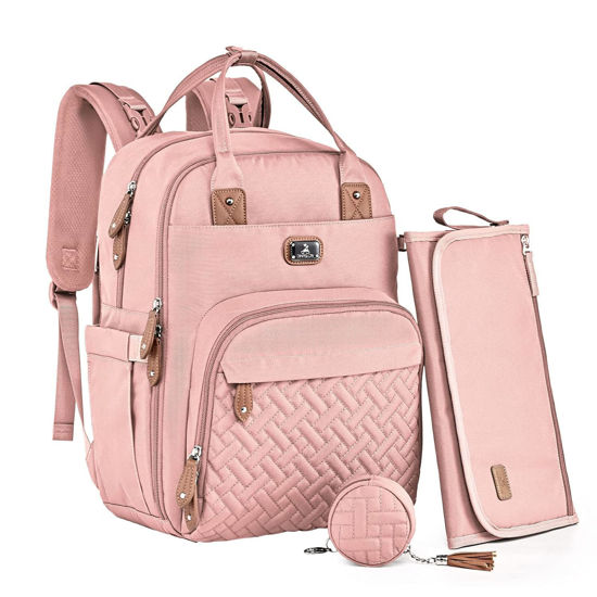 Picture of Dikaslon Diaper Bag Backpack with Portable Changing Pad, Pacifier Case and Stroller Straps, Large Unisex Baby Bags for Boys Girls, Multipurpose Travel Back Pack Moms Dads, Pink
