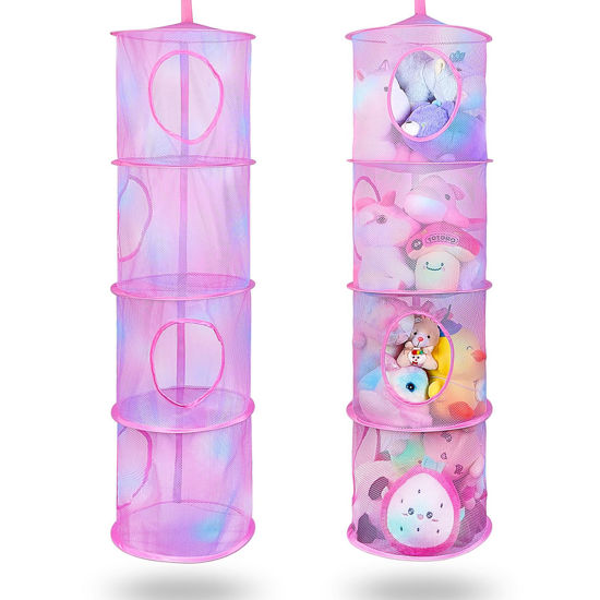 Picture of Basumee Stuffed Animals Net or Hammock 2 Pcs Stuffed Animals Storage Toy Net Hammock for Stuffed Animals Organizer Mesh Hammock Kids Girls Room Decor, Pink, 4 Tiers