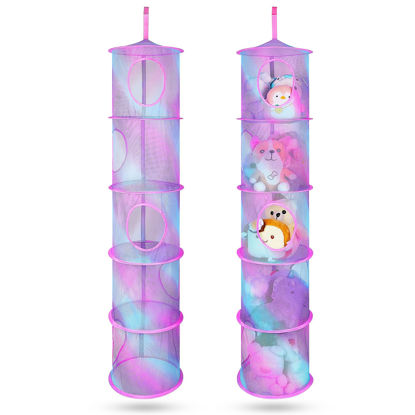 Picture of Basumee Stuffed Animals Net or Hammock 2 Pcs Stuffed Animals Storage Toy Net Hammock for Stuffed Animals Organizer Mesh Hammock Kids Girls Room Decor, Blue and Purple, 5 Tiers