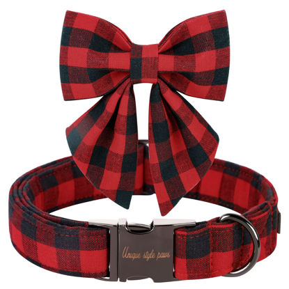 Picture of Unique style paws Christmas Dog Collar with Bow Tie Classic Red Plaid Puppy Collar for Small Medium Large Dogs as Holiday Winter Gifts-M