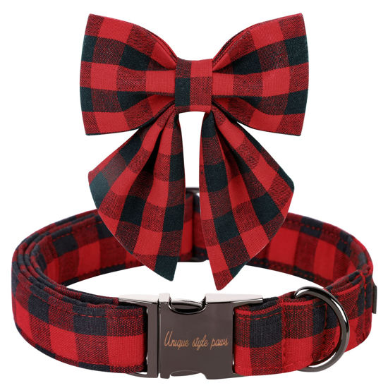 Picture of Unique style paws Christmas Dog Collar with Bow Tie Classic Red Plaid Puppy Collar for Small Medium Large Dogs as Holiday Winter Gifts-M
