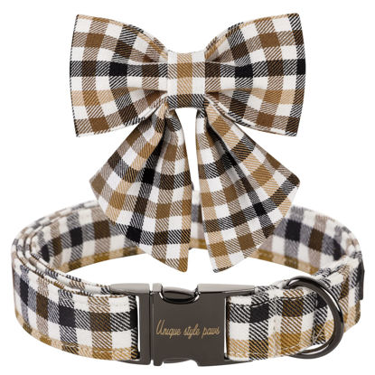 Picture of Unique style paws Christmas Dog Collar with Bow Tie Brown Plaid Puppy Collar for Small Medium Large Dogs as Autumn Winter Pet Gifts-XL