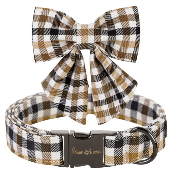 Picture of Unique style paws Christmas Dog Collar with Bow Tie Brown Plaid Puppy Collar for Small Medium Large Dogs as Autumn Winter Pet Gifts-XL