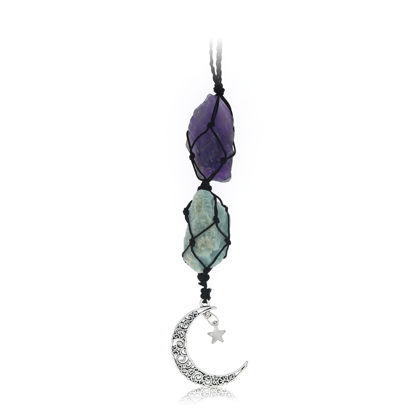 Picture of BOHO GARDEN Hanging Car Charm - Amethyst & Amazonite - Dangling Moon & Healing Crystal Accessories, Rearview Mirror Decorations - Balance, Intuition, Spirituality, Self-Love, Honesty, Clarity, Energy