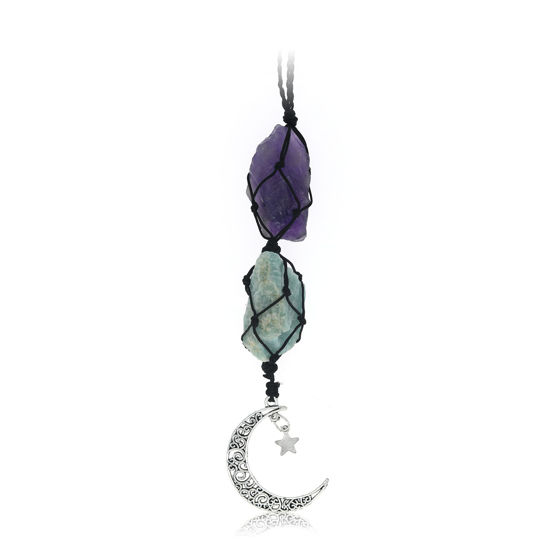 Picture of BOHO GARDEN Hanging Car Charm - Amethyst & Amazonite - Dangling Moon & Healing Crystal Accessories, Rearview Mirror Decorations - Balance, Intuition, Spirituality, Self-Love, Honesty, Clarity, Energy