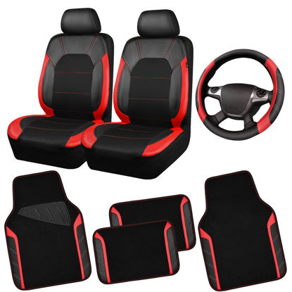 Picture of CAR PASS Air Mesh Leather Car Seat Covers Front Seats Only,Waterproof Car Floor Mat and Sporty14.5-15inch Steering Wheel Cover,Car Interior Sets Universal Fits for 95% Cars Truck SUV (Black and Red)