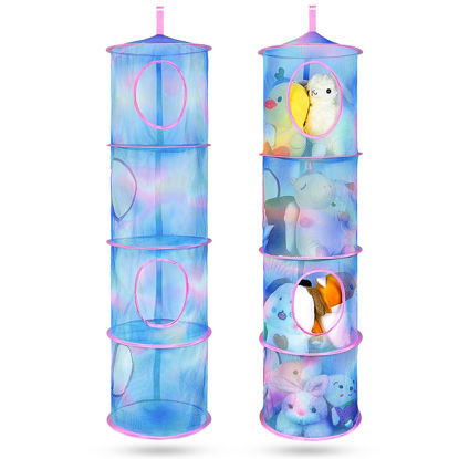 Picture of Basumee Stuffed Animals Net or Hammock 2 Pcs Stuffed Animals Storage Toy Net Hammock for Stuffed Animals Organizer Mesh Hammock Kids Girls Room Decor, Blue Teal, 4 Tiers