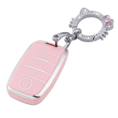 Picture of Pangpai Pink Key Fob Cover for, Soft TPU Key Case Protection with Bling Keychain Fit for Kia Forte Koup NIRO Optima Rio Sorento Soul Sportage Smart 2 3 4 Buttons Key