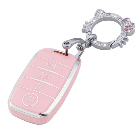 Picture of Pangpai Pink Key Fob Cover for, Soft TPU Key Case Protection with Bling Keychain Fit for Kia Forte Koup NIRO Optima Rio Sorento Soul Sportage Smart 2 3 4 Buttons Key