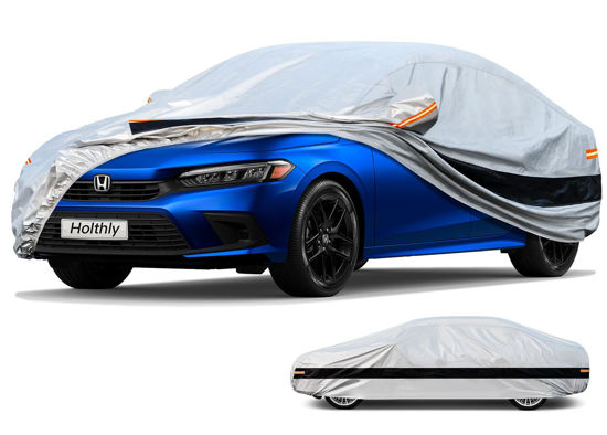 Picture of Holthly 10 Layer Sedan Car Cover Waterproof All Weather for Automobiles,100% Waterproof Outdoor Car Covers Rain Snow UV Dust Protection, Custom Fit for Honda Civic, Toyota Corolla, VW Jetta,etc