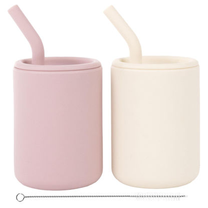 Picture of WeeSprout Silicone Baby Cups With Straws and Lids, 4 & 8 oz Options, Set of 2, Food Grade Toddler Training Container, Built In Straw Stoppers, Measurement Markings, Dishwasher Safe + Straw Cleaner