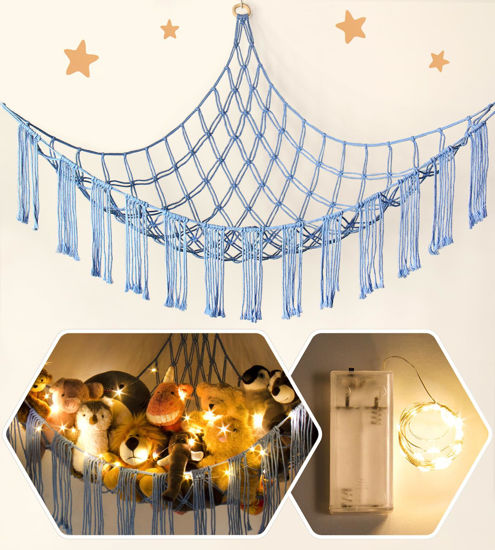 Picture of Stuffed Animal Hammock Corner with LED Light - Toy Storage Hammock Plushie Net Organizer - Teddy Bear Stuffy Hammock - Cute Blue Things for Bedroom - Wall Ceiling Hanging Decor