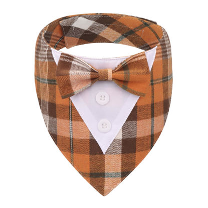 Picture of ADOGGYGO Fall Dog Tuxedo Bandana, Orange Plaid Dog Tux Collar with Bowtie Adjustable Dog Halloween Thanksgiving Formal Costume for Medium Large Dogs Pets (L, Fall)