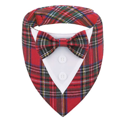 Picture of ADOGGYGO Christmas Dog Tuxedo Bandana, Red Plaid Dog Chritstmas Collar with Bowtie Adjustable Dog Christmas Costume for X-Large Dogs Pets (XL, Christmas-2)