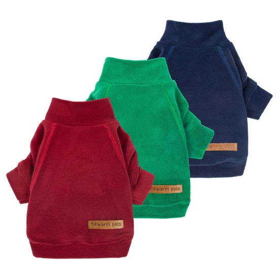 Picture of Fitwarm 3 Pack Classic Fleece Dog Sweater, Christmas Dog Winter Clothes for Small Dogs Boy Girl, Holiday Xmas Pet Apparel, Burgundy Red, Green, Navy Blue, Large