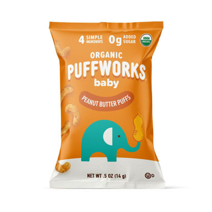 Picture of Puffworks Baby Organic Peanut Butter Puffs, Perfect for Early Peanut Introduction, Plant-Based Protein, USDA Organic, Gluten-Free, Vegan, Non-GMO, Kosher, 0.5 Ounce (Pack of 12)