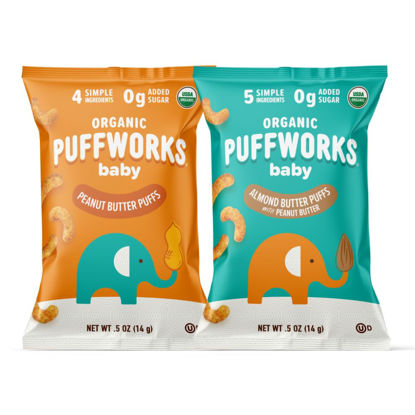 Picture of Puffworks Baby Peanut and Almond Variety Pack, Perfect for Early Peanut Introduction, Plant Protein, USDA Organic, Gluten-Free, Vegan, Non-GMO, Kosher, 0.5 Ounce (Pack of 12)