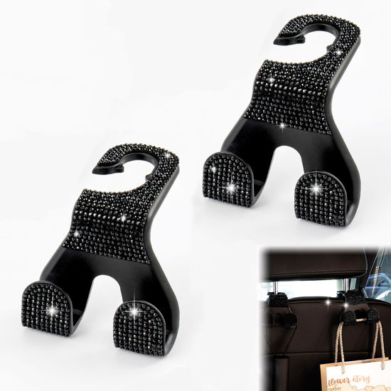 Picture of MTGOCHA Bling Car Purse Hook, Upgraded 2 in 1 Car Headrest Hooks Car Seat Hooks Durable Car Purse Holder Hanger Universal Car Hanger for Purses Bags, Bling Car Accessories Women 2pcs, Black Diaomod