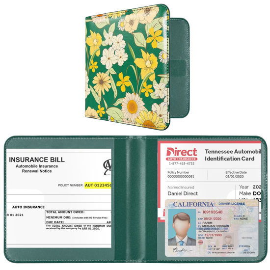 Picture of CoBak Car Registration and Insurance Holder - Vehicle Glove Box Car Organizer, Auto Truck Comparment Accessories Case for Essential Document, Driver License, Cards (Blossom Forest Green)