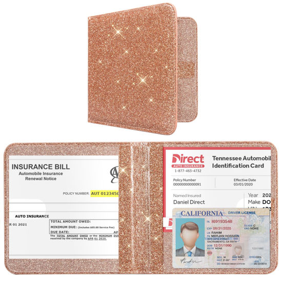 Picture of CoBak Car Registration and Insurance Holder - Vehicle Glove Box Car Organizer, Auto Truck Comparment Accessories Case for Essential Document, Driver License, Cards (Glitter Rosegold)