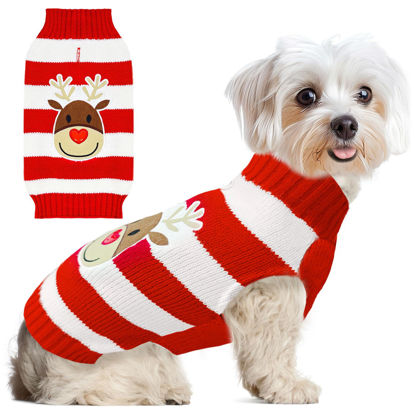 Picture of ABRRLO Dog Christmas Sweater Cute Striped Reindeer Xmas Dog Cat Outfit New Year Holiday Costumes Puppy Cat Sweater with Leash Hole for Small Medium Large Dogs Girl Boy Turtleneck Winter Pet Clothes