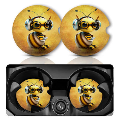 Picture of Car Coasters for Cup Holders，Car Cup Holder Coasters, 2 Pack Cup Holder Coasters for Car, Anti Slip Rubber Car Cup Mat with A Finger Notch, Cute Car Interior Accessories for Women Men 2.75" Bee