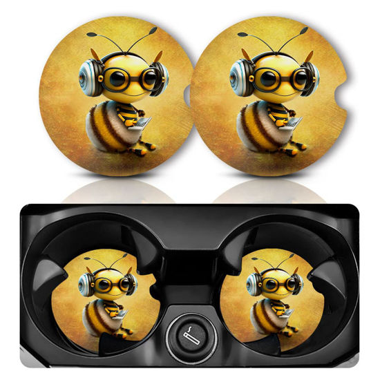 Picture of Car Coasters for Cup Holders，Car Cup Holder Coasters, 2 Pack Cup Holder Coasters for Car, Anti Slip Rubber Car Cup Mat with A Finger Notch, Cute Car Interior Accessories for Women Men 2.75" Bee