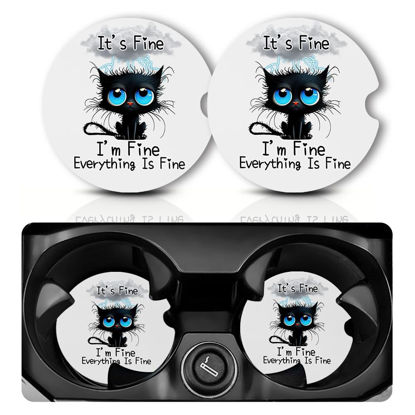 Picture of Car Coasters for Cup Holders，Car Cup Holder Coasters, 2 Pack Cup Holder Coasters for Car, Anti Slip Rubber Car Cup Mat with A Finger Notch, Cute Car Interior Accessories for Women Men 2.75" Balck Cat