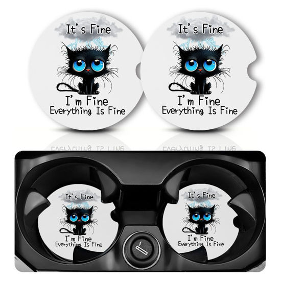 Picture of Car Coasters for Cup Holders，Car Cup Holder Coasters, 2 Pack Cup Holder Coasters for Car, Anti Slip Rubber Car Cup Mat with A Finger Notch, Cute Car Interior Accessories for Women Men 2.75" Balck Cat