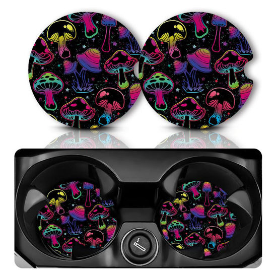 Picture of Car Coasters for Cup Holders，Car Cup Holder Coasters, 2 Pack Cup Holder Coasters for Car, Anti Slip Rubber Car Cup Mat with A Finger Notch, Cute Car Interior Accessories for Women Men 2.75" Mushroom