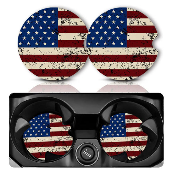 Picture of Car Coasters for Cup Holders，Car Cup Holder Coasters, 2 Pack Cup Holder Coasters for Car, Anti Slip Rubber Car Cup Mat with A Finger Notch, Cute Car Interior Accessories for Women 2.75" American Flag