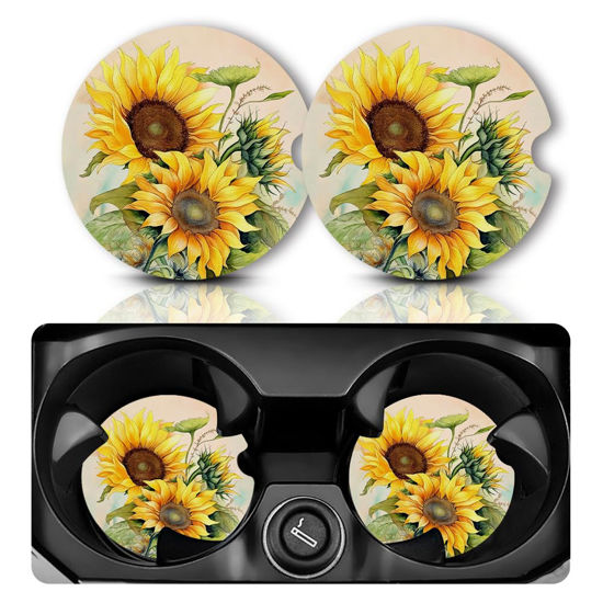 Picture of Car Coasters for Cup Holders，Car Cup Holder Coasters, 2 Pack Cup Holder Coasters for Car, Anti Slip Rubber Car Cup Mat with A Finger Notch, Cute Car Interior Accessories for Women Men 2.75" Sunflower
