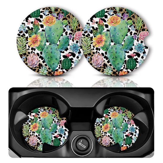 Picture of Car Coasters for Cup Holders，Car Cup Holder Coasters, 2 Pack Cup Holder Coasters for Car, Anti Slip Rubber Car Cup Mat with A Finger Notch, Cute Car Interior Accessories for Women Men 2.75" Cactus
