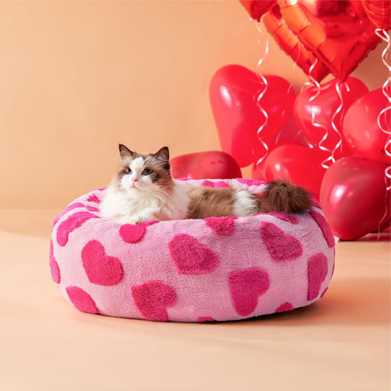 Picture of Lesure Donut Small Dog Bed - Round Cat Beds for Indoor Cats Anti-Anxiety Calming Pet Beds, Washable Cute Modern Beds with Teddy Sherpa Plush & Anti Slip Bottom, 20 Inch, Heart Pink