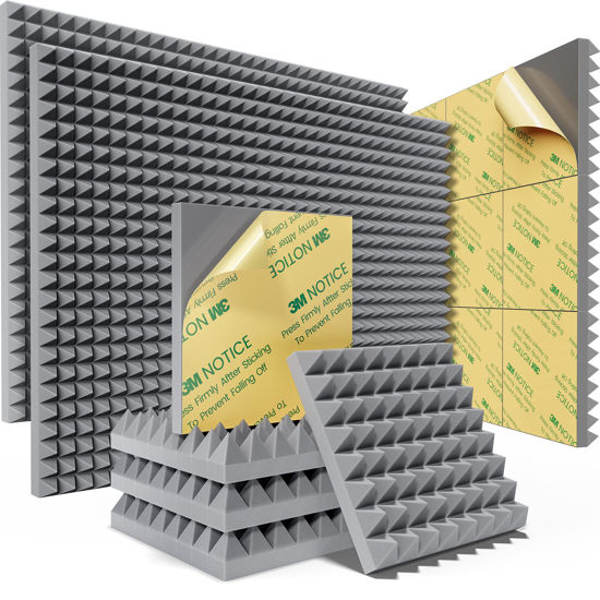 Picture of Sonicism 48 Pack Pyramid Sound Proof Foam Panels with Self-Adhesive, 12" X 12" X 2" Acoustic Panels of High Density, Soundproof Wall Panels Fast Expand, Sound Absorption and Decoration (Gray)