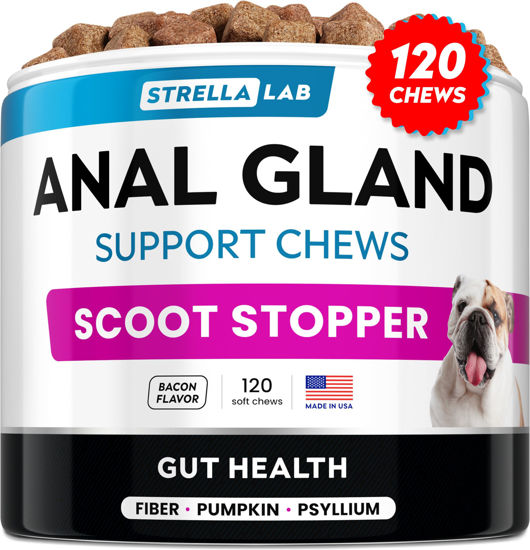Picture of STRELLALAB Anal Gland Support Chews - Scoot Treatment - Digestive Enzymes, Prebiotics & Fiber Supplement for Dogs Digestion & Gut Health. Proprietary Blend of Beet, Psyllium, Dandelion & Pumpkin 120Ct