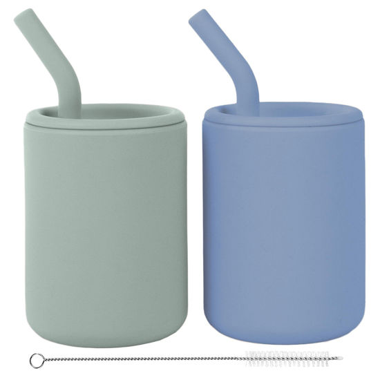 Picture of WeeSprout Silicone Baby Cups With Straws and Lids, 4 & 8 oz Options, Set of 2, Food Grade Toddler Training Container, Built In Straw Stoppers, Measurement Markings, Dishwasher Safe + Straw Cleaner