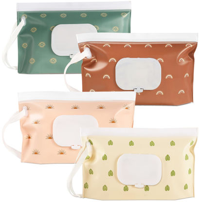 Picture of FEBSNOW 4 Pack Baby Wipes Dispenser, Portable Refillable Wipe Holder Baby Wipes Container Travel Wipes Case Reusable Boho Wet Wipes Pouch